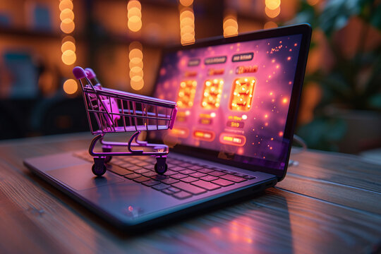Laptop computer and purple shopping cart, ecommerce concept