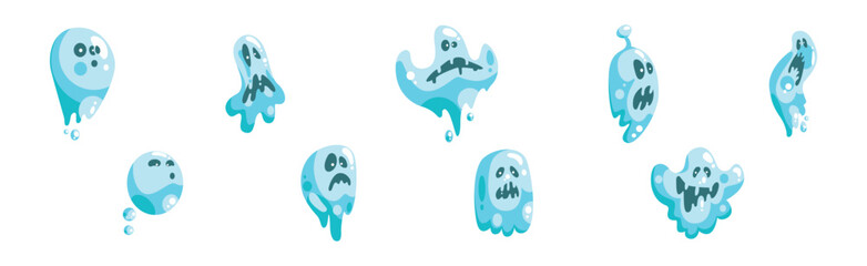 Blue Ghost Character with Scary Face Grimace Vector Set