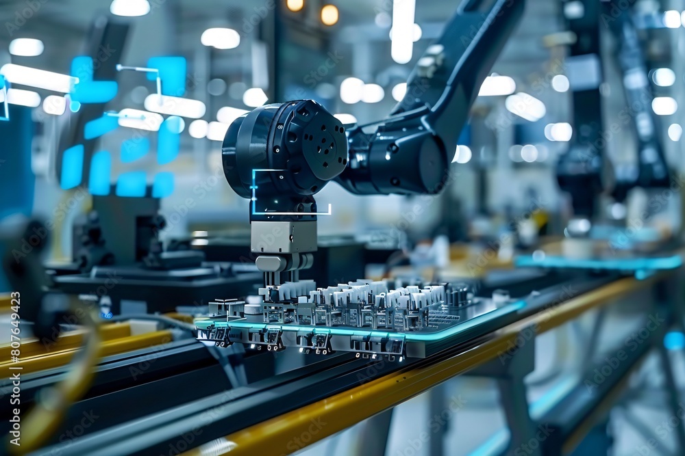 Poster advanced automation robotic arm operating with high precision, showcasing the implementation of cutt