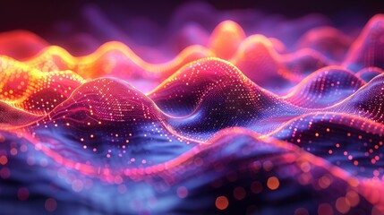 A background of abstract digital data. Wave with moving dots. Musical stream of sounds. 3D rendering with a touch of realism.