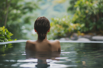 Fototapeta premium A woman is in onsen hot springs pool, enjoying the water. She is smiling and she is relaxed, wellness concept