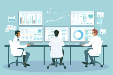A vibrant contemporary office illustration showcases a diverse group of professionals collaborating amidst digital displays of intricate data analytics. Inclusive and innovative, it symbolizes compreh