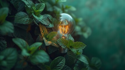 Generative AI technology creates an eco-friendly lightbulb from fresh leaves, using renewable energy and sustainable living as inspiration - obrazy, fototapety, plakaty