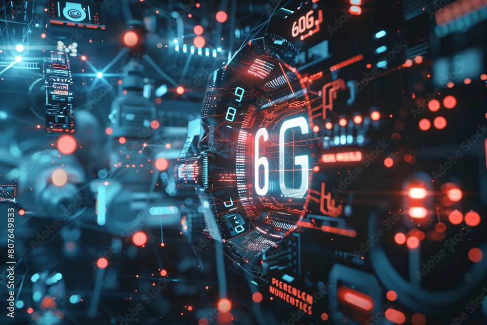 Poster new 6g technology concept with connecting network on glowing dots background