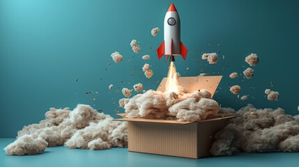 In the background of a blue background, a rocket is taking off from a cardboard box - obrazy, fototapety, plakaty