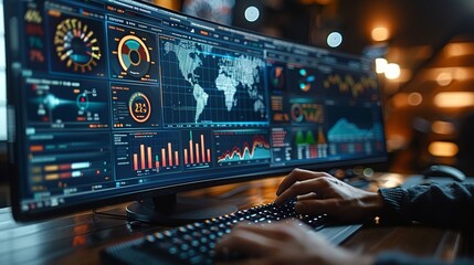 Computers and dashboards are utilized by analysts for data analysis, business analysis, and data management with KPIs and metrics connected to the database for finance, operations, sales, and