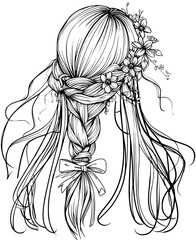 Hairstyle of the hair is decorated with flowers and a ribbon illustration clip art coloring book black and white for kids and adults isolated line art on white background.