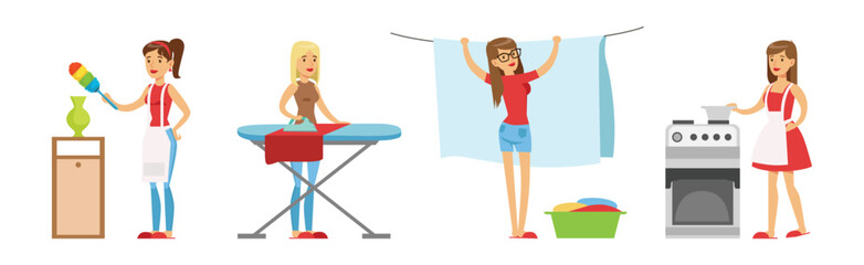 Woman Housewife Engaged in Domestic Chores and Cleanup Vector Set