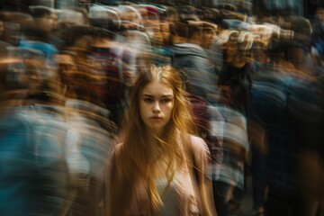 Blonde woman lost in the crowd, timelapse and blur effect. Conceptual image of lost in nowhere and being lonely in the crowd and smoke