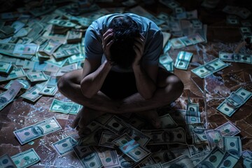 Stressed man get trouble by calculating monthly expenses and then budgeting not enough money for paying debts. A people with personal financial crisis concept. Debt, loan concept.