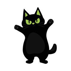 Vector illustration of cute happy black cat with green eyes.