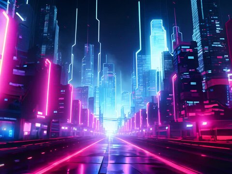 A digital painting of a cyberpunk city street with neon lights and skyscrapers.