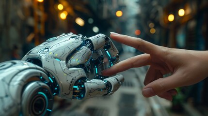 In this concept of harmonious coexistence between humans and artificial intelligence, the human finger taps the metallic finger of a robot.