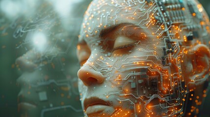 Artificial intelligence. Digital brain. Human head containing circuit board. Engineering concept. Technology web background. Virtual environment.