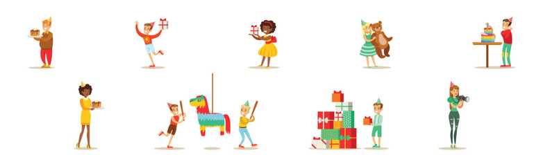 Boy and Girl Child at Happy Birthday Party Celebrating Holiday Vector Set