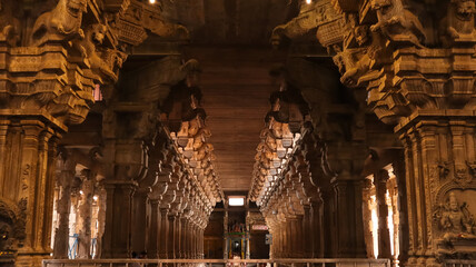 Beautiful View of Pradakshina Hall with Carved Pillars, Sri Rangnatha Swamy Temple, worlds Largest Hindu Living Temple, Srirangam, Tiruchirappalli, Tamil Nadu, India.