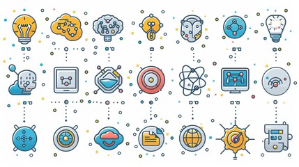 Icons for web and mobile apps using artificial intelligence. Machine learning, digital AI, algorithms, smart robotics, cloud computing networks, etc.