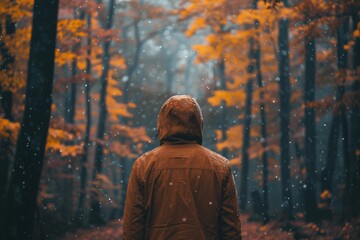 Naklejka premium A man stands in contemplation facing a dense, misty forest with autumn colors in a tranquil rain setting