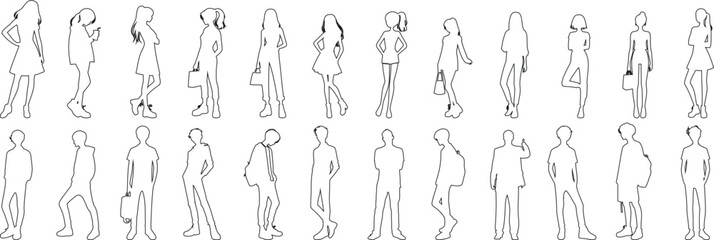boy, girl, man and woman Line art vector illustration, diverse male and female outline in various standing poses