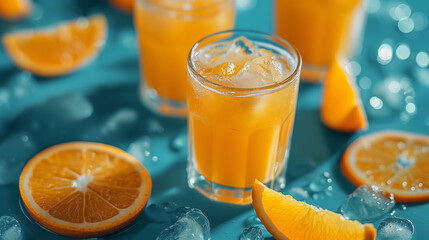 Squeezed orange juice garnished with orange slice on blue background. - obrazy, fototapety, plakaty
