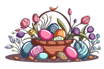 Easter basket with eggs and flowers. Cartoon illustration