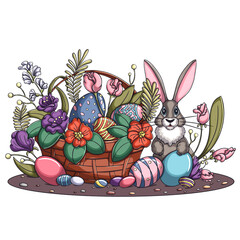 Easter basket with eggs and bunny. Cartoon illustration.