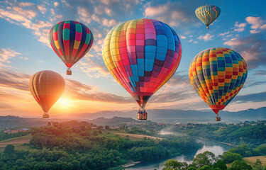 Obraz premium Vibrant hot air balloons soaring over a gorgeous setting.