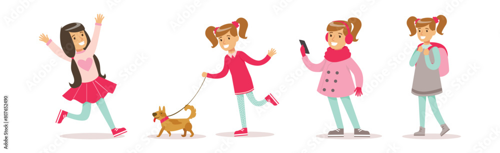 Poster Happy Girl Child Character Engaged in Different Activity Vector Set