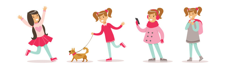 Happy Girl Child Character Engaged in Different Activity Vector Set