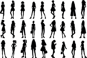 women silhouette, various poses of girls vector, fashion, style, woman vector illustration. Perfect for design projects, beauty content, modeling. Diverse stances, outfits on white background