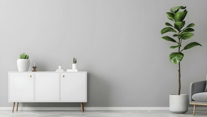 Fototapeta premium Photo of minimalist interior with white cabinet plant and grey furniture. Concept Minimalist Interior, White Cabinet, Plant Decor, Grey Furniture, Home Decor