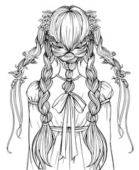 Hairstyle of the hair is decorated with flowers and a ribbon illustration clip art coloring book black and white for kids and adults isolated line art on white background.
