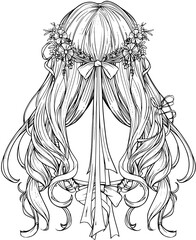 Hairstyle of the hair is decorated with flowers and a ribbon illustration clip art coloring book black and white for kids and adults isolated line art on white background.