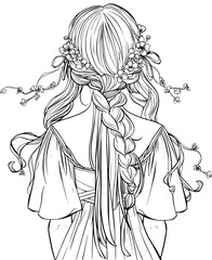 Hairstyle of the hair is decorated with flowers and a ribbon illustration clip art coloring book black and white for kids and adults isolated line art on white background.