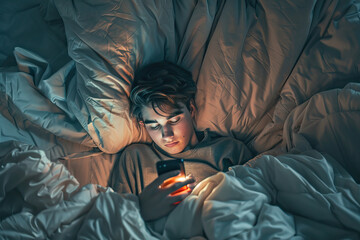Teenage boy chatting at night in bed. Cyberbullying, phone Internet addiction, fear, anxiety and depression.
