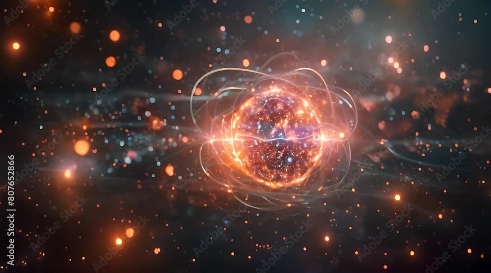 Poster unstable atom nucleus with electrons spinning around it technology background.