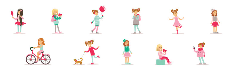 Happy Girl Child Character Engaged in Different Activity Vector Set