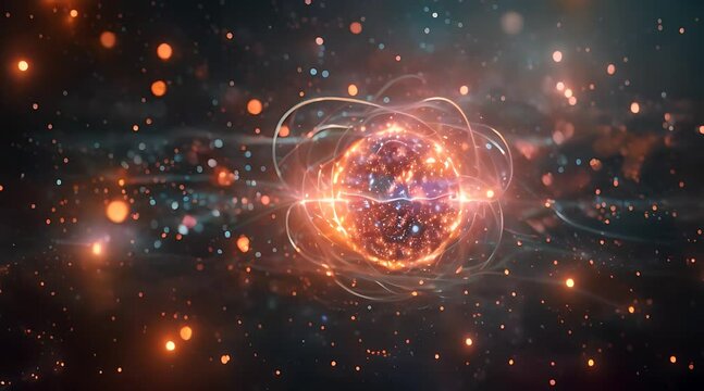 Unstable Atom nucleus with electrons spinning around it technology background.