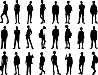 man silhouette, male,boy, men vector in various poses, standing, walking. Collection of boys silhouettes male in different postures on a white background