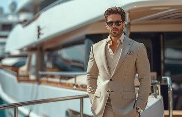 Man in his fashion business standing next to the yacht