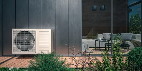 Air heat pump inverter installed at a modern  home facade  - 3D visualization © 4th Life Photography