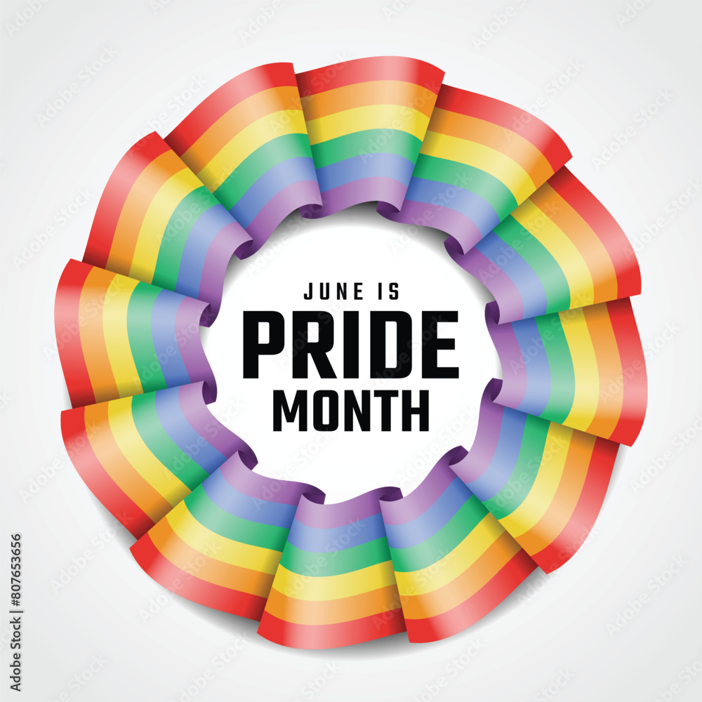 Poster june is pride month - text in rainbow pride flag with waving rolling to circle frame shape vector de