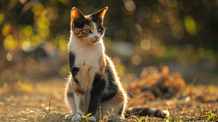 A calico cat sitting in a patch of sunlight