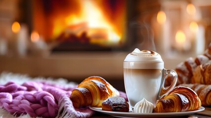 Indulging in a latte macchiato with croissants and pastries in a cozy living room. Concept Coffee break, Delicious treats, Cozy vibes, Lifestyle photography