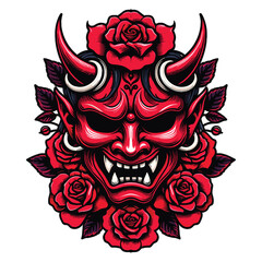 Fototapeta premium Red oni mask with roses vector illustration