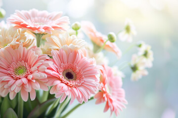 Fototapeta premium A bouquet of pink and white flowers with a blue background