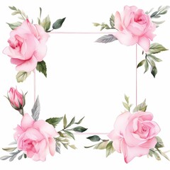 pink rose themed frame or border for photos and text. watercolor illustration, Perfect for nursery art, simple clipart, single object, white color background. Watercolor flowers for design card. - obrazy, fototapety, plakaty