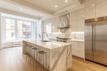 New York City loft kitchen with minimalist design, morning light through large windows, functional simplicity in a bright neutral setting.