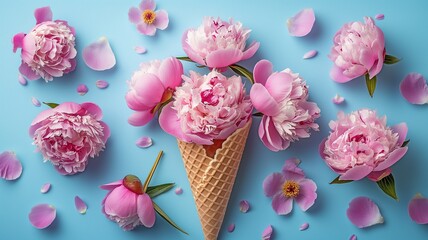 On a blue backdrop, peony blooms in a waffle cone