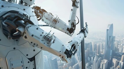Worker robot meticulously cleaning windows on a high-rise, close-up on the robotic arms and tools against the cityscape